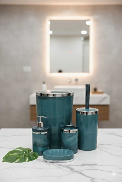 BySevil Acrylic Round 5 Piece Marble Granite Pattern Bathroom Set - Green Silver