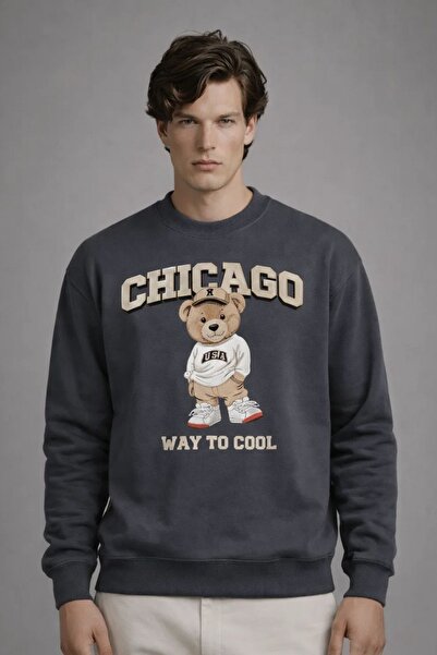 COMBİNE MİCHAİL Erkek CHICAGO Ayıcık Baskılı Füme Sweatshirt