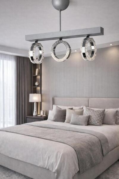 BİAVİZE 3'LÜ GRİ RENK SİMİT KRİSTAL LED AVİZE