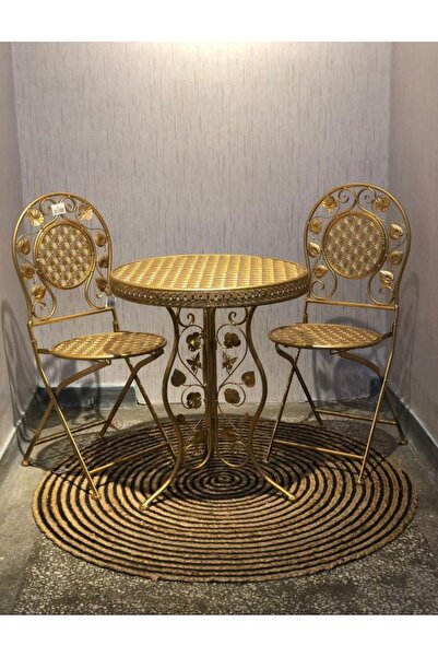 PANALI FERFORJE YUVARLAK MASA SANDALYE Gold Renk Balkon Mutfak Takımı