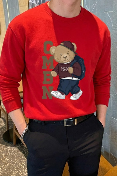 COMBİNE MİCHAİL Men's Comfort Bear Print Red Sweatshirt