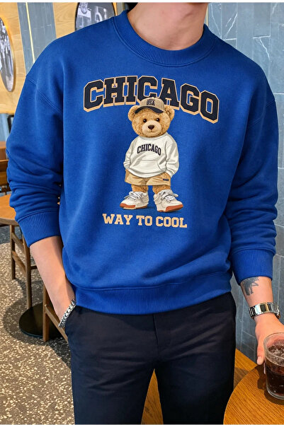 COMBİNE MİCHAİL Erkek Chıcago Baskılı Salaş Mavi Sweatshirt
