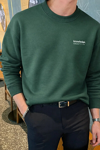 COMBİNE MİCHAİL Hanorac pentru bărbați din bumbac imprimat cu Knowledge, verd...