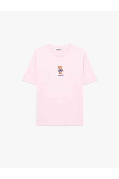 Koton Άνετο μπλουζάκι με κοντό μανίκι, βαμβακερό, με στάμπα και λαιμόκοψη ποδ...