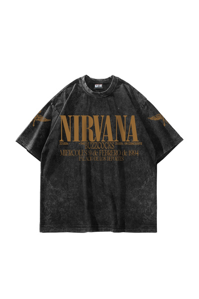 Sekizbiraltı Yıkamalı Nirvana Sırt Baskılı Unisex Oversize Tshirt