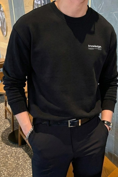 COMBİNE MİCHAİL Ανδρικό μαύρο βαμβακερό φούτερ με στάμπα Knowledge