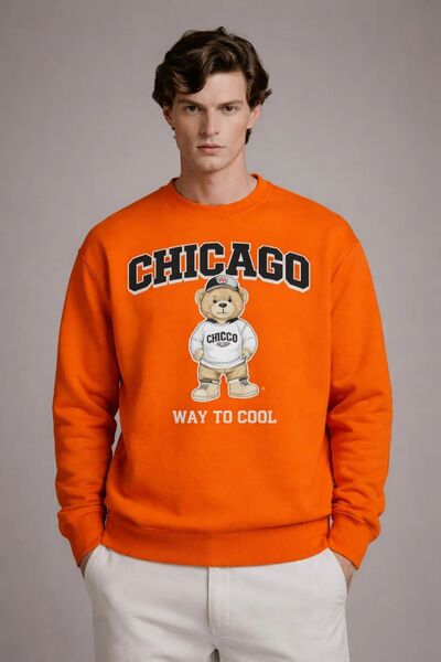 COMBİNE MİCHAİL Men's Chicago Bear Printed Orange Sweatshirt