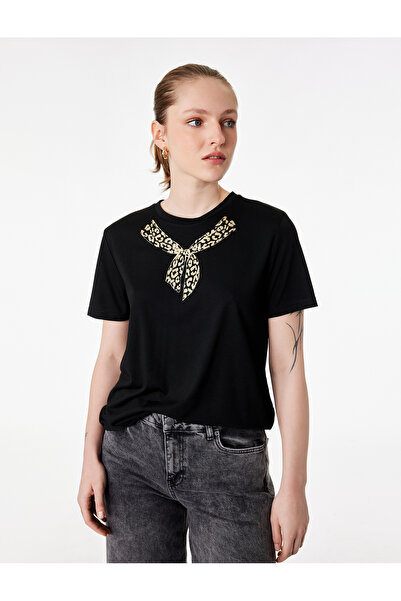 Koton Tricou cu mânecă scurtă, decolteu tip leopar, cu imprimeu detaliat tip ...