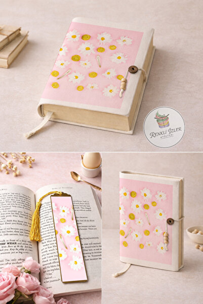 renkli izler atölyesi Kitap Kılıfı ve Metal Kitap Ayracı Seti (Pembe Papatya)