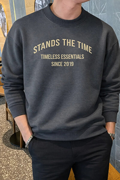 COMBİNE MİCHAİL Erkek Stands The Time Baskılı Oversize Bisiklet Yaka Füme Swe...