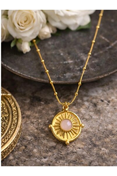 staınless steel Pembe Taşlı Zarif Vintage Çelik Kolye