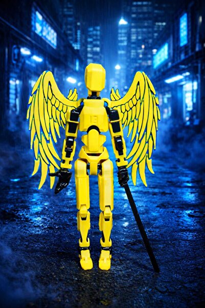 joybaskı Robot Dummy Sarı Lacivert Kanatlı Oynar Eklemli Hareketli Oyuncak Ak...