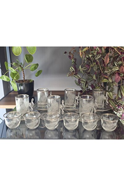 FERMATO Handmade Crystal Platinum Patterned Presentation Tea Cup Set with Handles, 18 Pieces