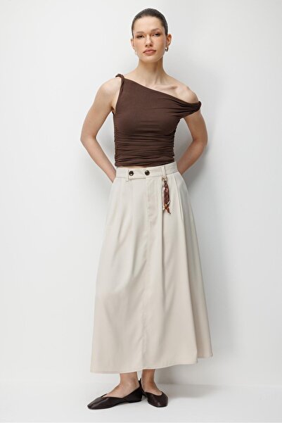 Mixray 4805 Kadın Yüksek Bel A Kesim Midi Aksesuar Detay Etek Taş