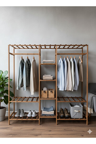 KARAS AHŞAP AHŞAP AÇIK GARDIROP ELBİSE ASKILIĞI