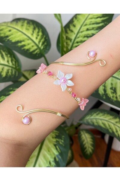 abeljewelry Vintage Kalp Boncuklu pembe Kelebekli Coquette Bileklik Armcuff