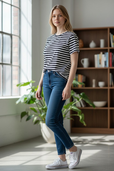 AHMERA Siyah Çizgili Geniş Bisiklet Yaka Kadın Basic Tişört