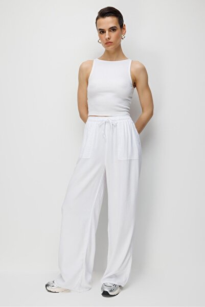 Mixray 4629 Women's Wide Leg High Waist Viscose Palazzo Pants White