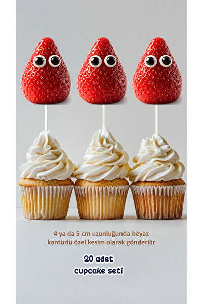 Sinek Kupası Tasarım Çilek Temalı Konsept Kürdanlı Cupcake Süsü Doğum Günü Sü...
