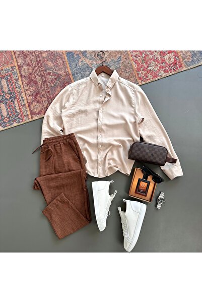 tiggir moda Erkek Krinkıl Keten Gömlek Pantolon Takım 2'li Takım