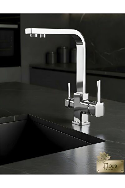 Flora Block - Kare Krom 3 Yollu Arıtmalı Mutfak Bataryası – Pirinç Gövde, Pas...