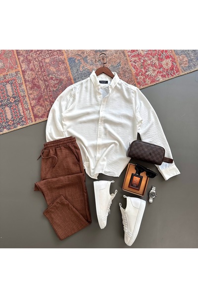 tiggir moda Erkek Krinkıl Keten Gömlek Pantolon Takım 2'li Takım