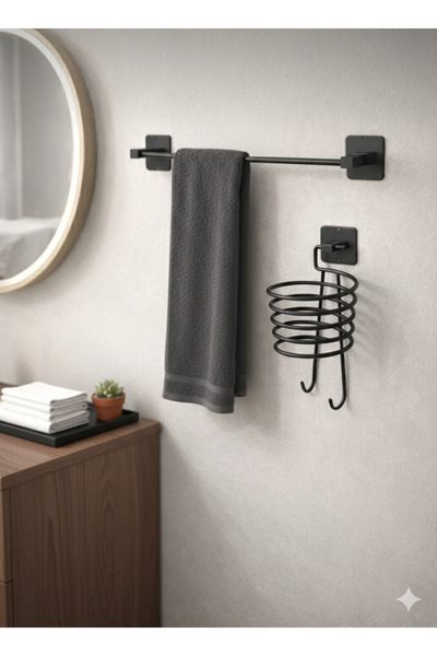 BUSEMSİ HOME Yapışkanlı Siyah Fön Makinesi Askısı Ve Yapışkanlı Uzun Havlu As...