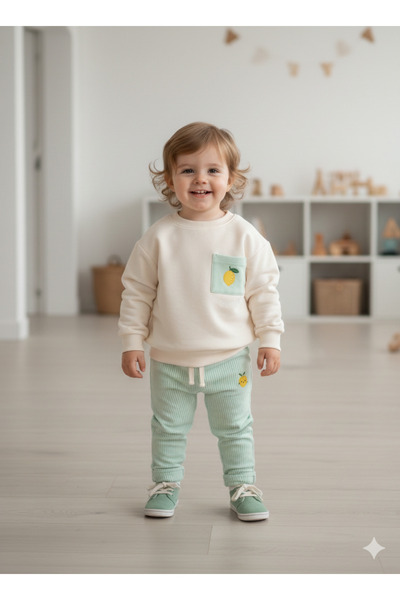 Kids çizgili nakışlı pamuklu kız çocuk takım kıyafet