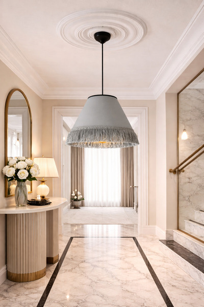 VENON Açık Gri Kumaş İPLİKLİ --Çise Tekli Siyah AbajurPüsküllü Avize Bohem Ta...