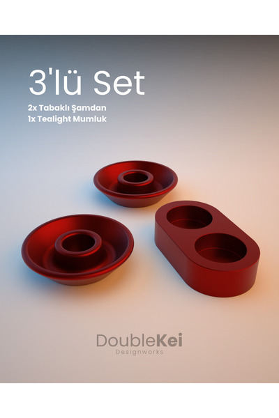 DoubleKei Designworks 3'Lü Set 2 adet Tabaklı Şamdan 1 Adet Tealight Mumluk K...