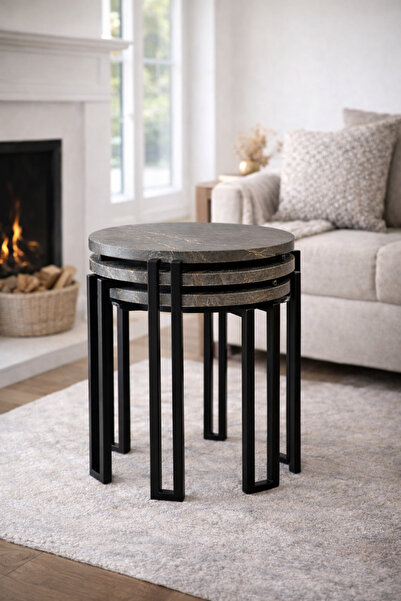 FBT Üçlü Sehpa , Gecme Orta Sehpa Antrasit Ve Beyaz Mermer Desen