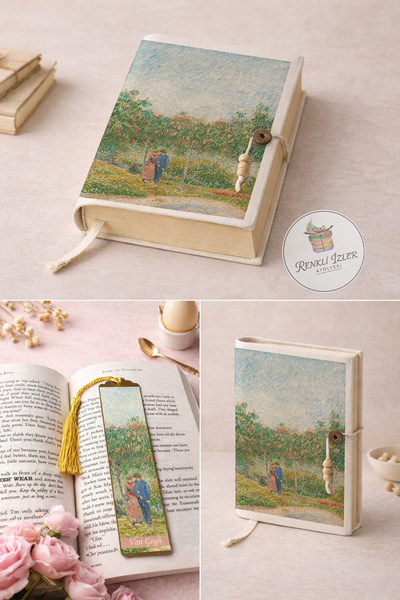renkli izler atölyesi Kitap Kılıfı ve Metal Kitap Ayracı Seti (Van Gogh Flört...