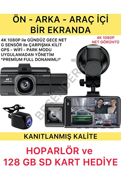 Besenders F6 4K 1080P Full HD 3 Kameralı GPS Wifi G Sensör Gece Görüşlü Ön Ar...