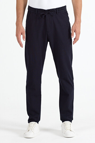 twentyfive25 Men's Navy Blue Cotton Linen Trousers
