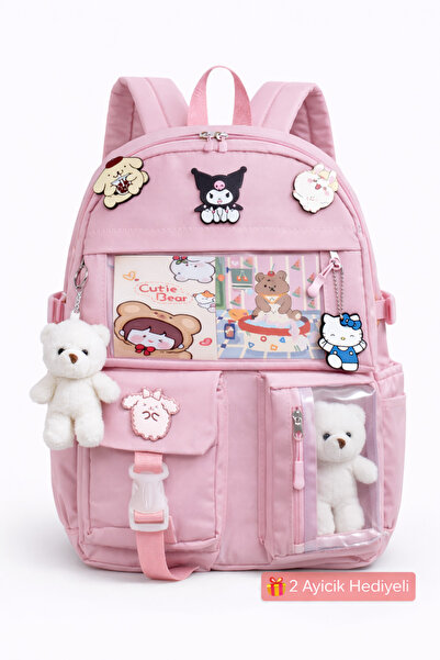 Mabai Kore Tarzı Okul Çantası Suya Dayanıklı Aksesuarlı Ayıcıklı Kız Çocuk Er...