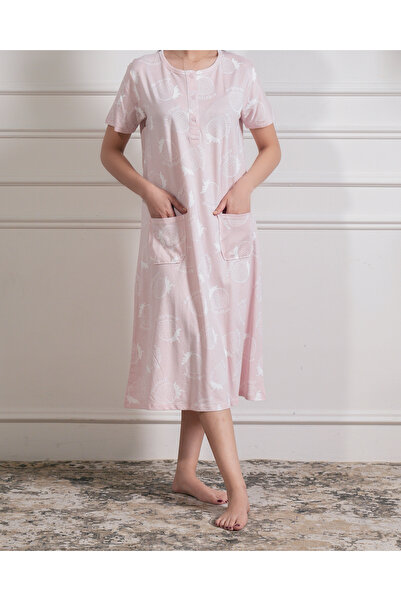 hendam فستان منزلي قطن 100% ناعم باللون الوردي ونقشات بيضاء - مريح وجيوب أمامية
