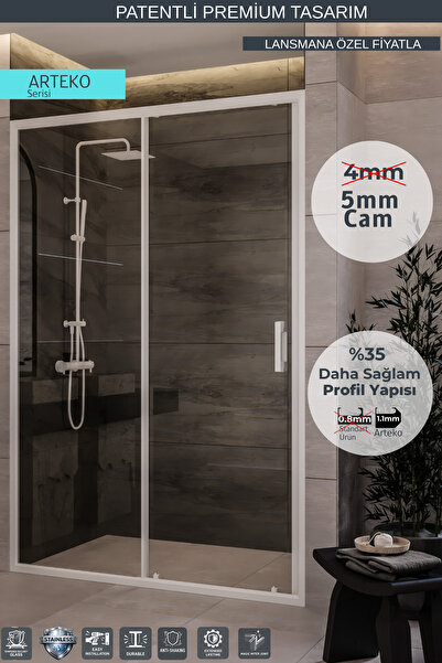 MONAQUA Arteko Duşakabin Ön Cephe, 1 Sabit 1 Kayar - Beyaz Profil - Şeffaf 5m...