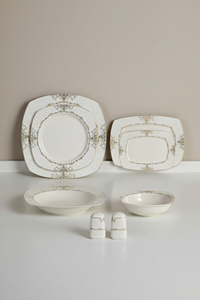 İpek Porselen 12 Kişilik 55 Parça Kare Tasarım Emboss Desen Altın Yaldızlı Ye...