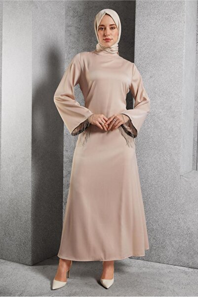 TRENDTESETTÜR KADIN BEJ SATEN ABİYE ELBİSE T 5744