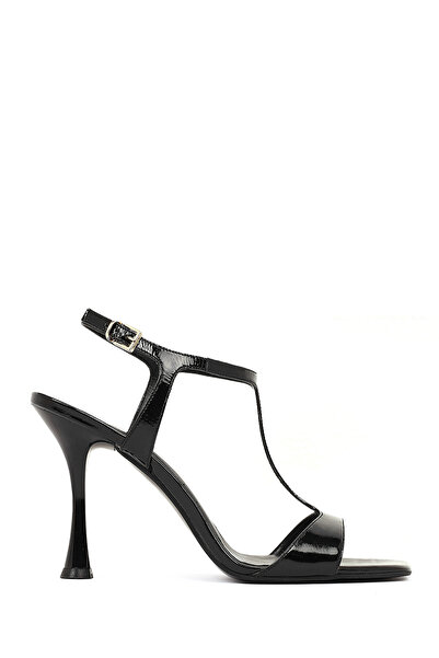 Derimod Women's Black Ankle Buckle High Thin Heeled Patent Leather Sandals 26...