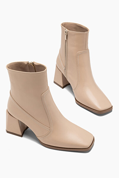 ALEYNA CEYLAN Hanna Bej Yandan Fermuarlı Küt Burunlu Kadın 7cm Topuklu Bot