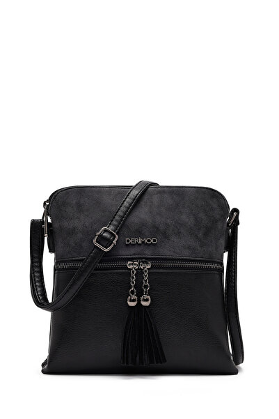 Derimod Geantă neagră pentru femei, cu curea lungă, cu ciucuri, 25WBD212714