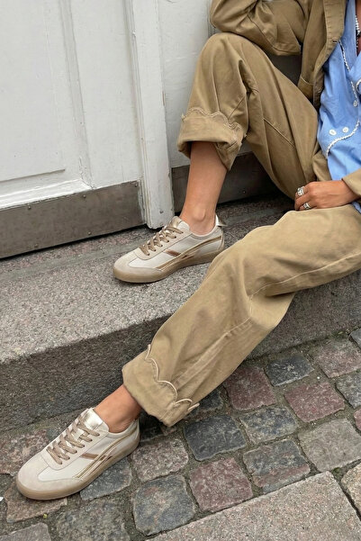 Marjin Kadın Sneaker Bağcıklı Süet Spor Ayakkabı Alvena Altın