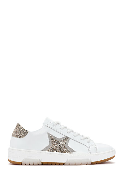 Derimod Women's White Lace-Up Thick-Soled Sports Shoes, Stoned Leather Sneake...