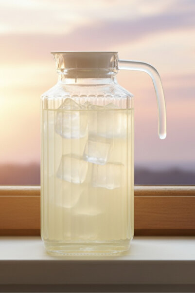 İpek Porselen Çizgili Kabartma Desen Kapaklı Kulplu Dikdörtgen Cam Sürahi 1,6...