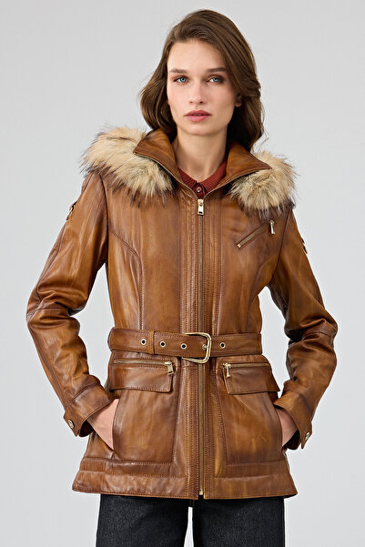 Derimod Donatella Women's Camel Belted Hooded Leather Coat 25Wge5326Nc