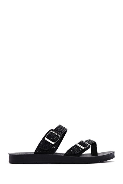 Derimod Women's Black Double Buckle Stone Slippers 26Sfe460114