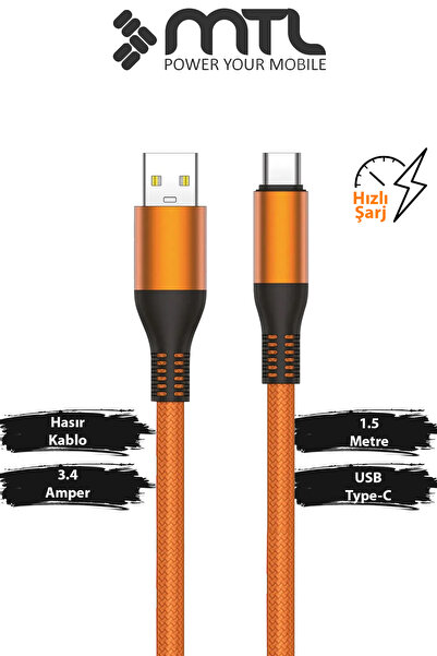 MTL 3.4A USB to Type-C Örgülü Metal Başlıklı Hızlı Şarj ve Data Kablosu 1.5 M...