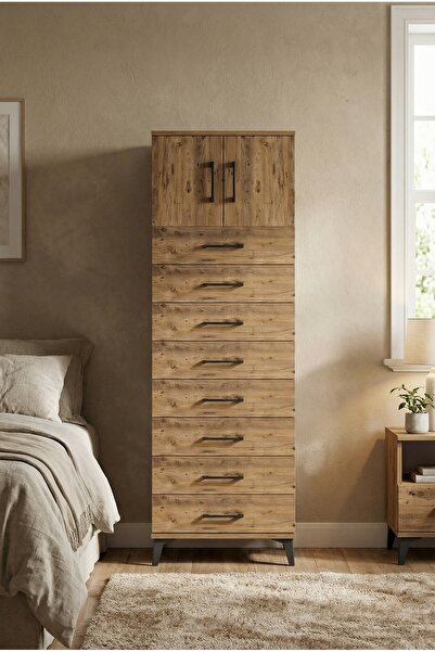 Dienni Hyperion Dolap Tek Raflı 8 Çekmeceli 2 Kapaklı 60x44x182 Çam-Çam
