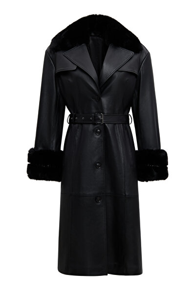 Derimod Selena Women's Black Collar Fur Leather Trench Coat 25Wge56221M